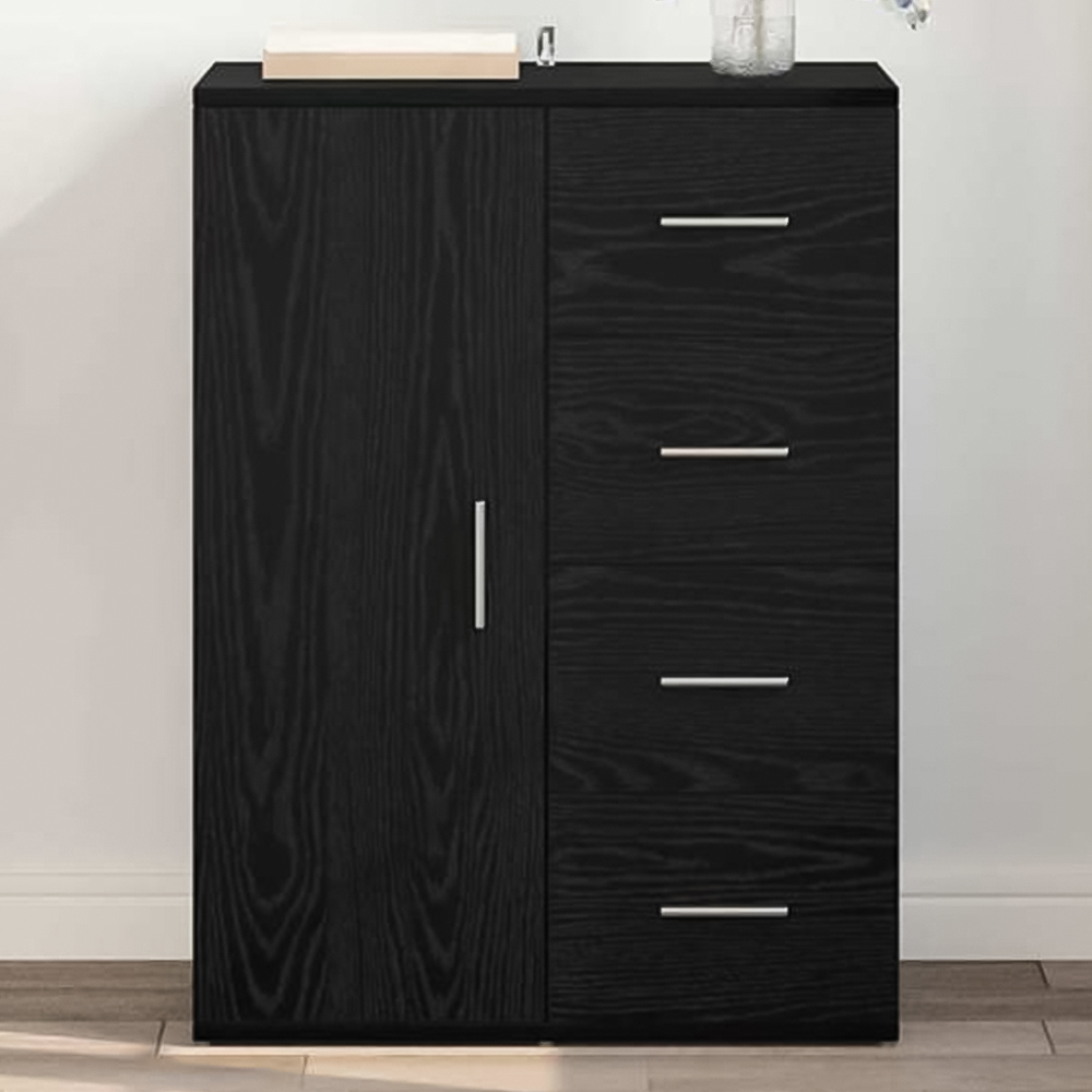 vidaXL Single Door 4 Drawer Black Oak Sideboard Image 1