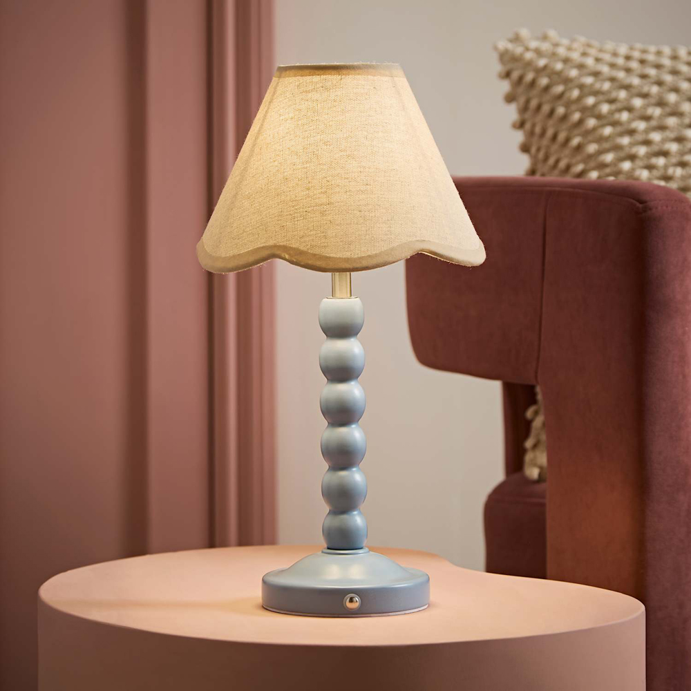 ValueLights Bobble Natural Scallop Shade Blue Rechargeable Wooden LED Table Lamp Image 6
