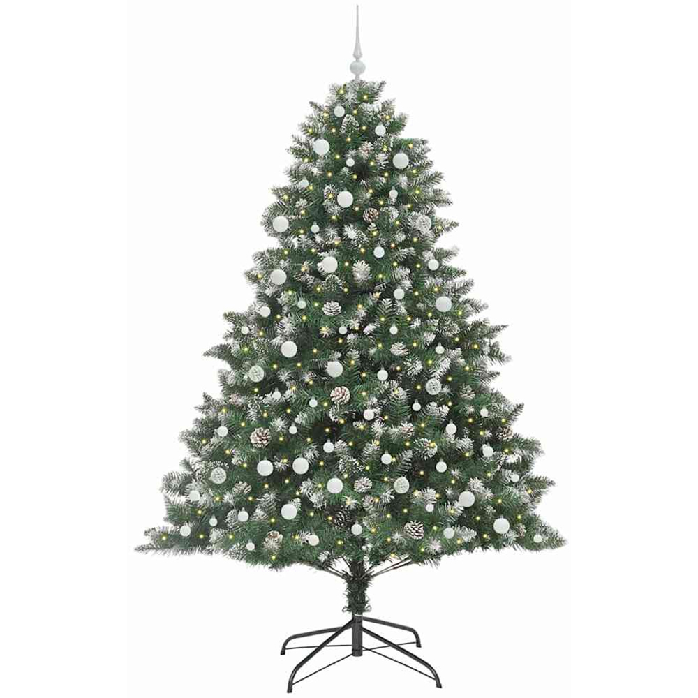 vidaXL Pre-Lit White Baubles Green Artificial Snow Tipped Christmas Tree 8ft Image 1