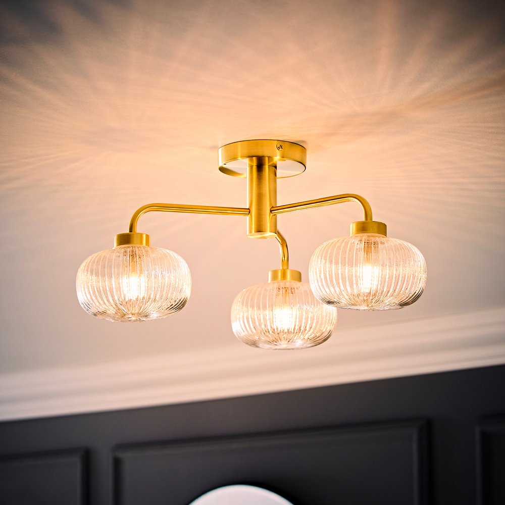 ValueLights Amaia Gold 3 Way Clear Ribbed Glass LED Ceiling Light Image 6