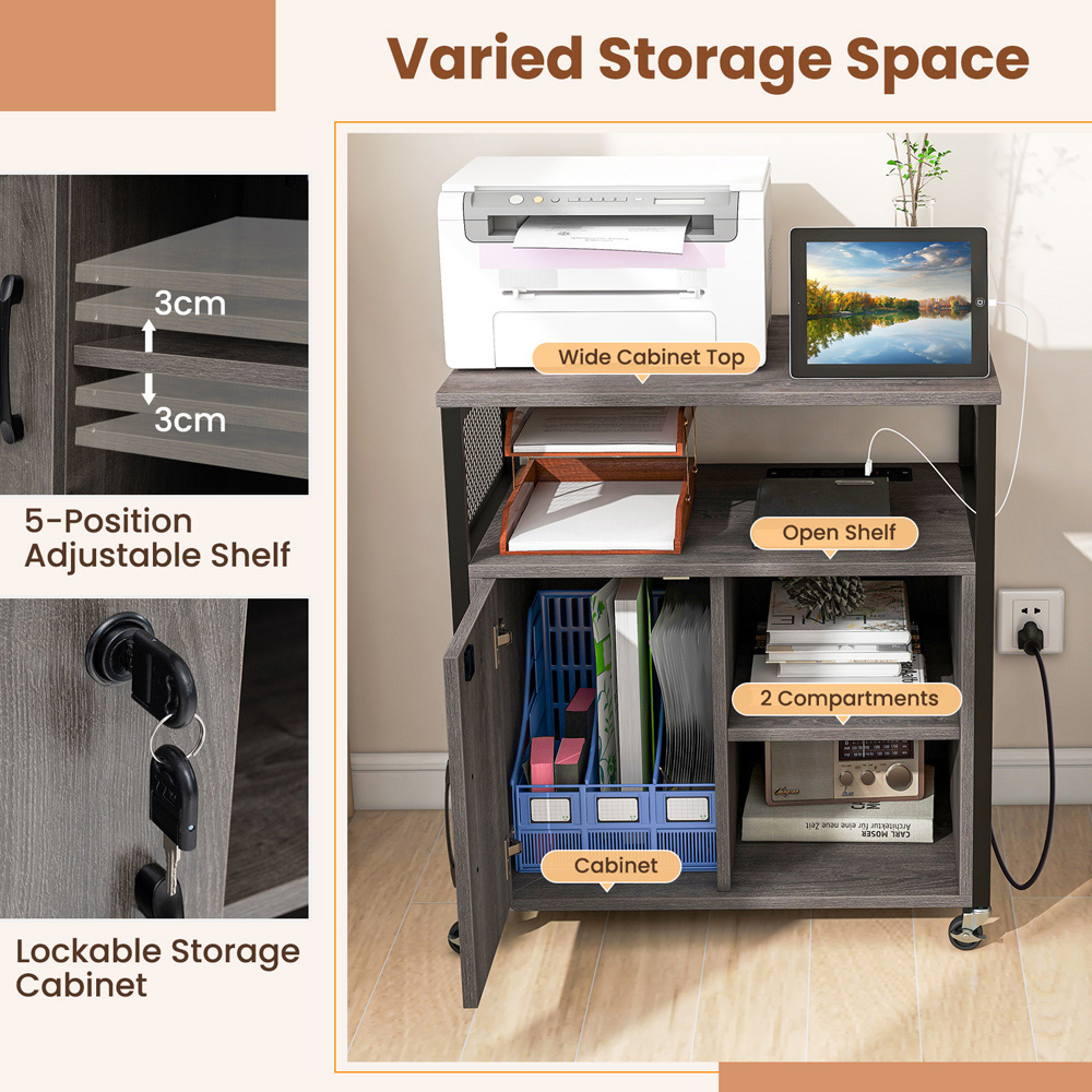 Costway Single Drawer 3 Shelf Grey File Cabinet with Charging Station Image 7