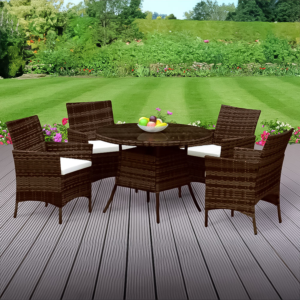 Brooklyn 4 Seater Rattan Round Dining Garden Set Brown with Cover Image 1