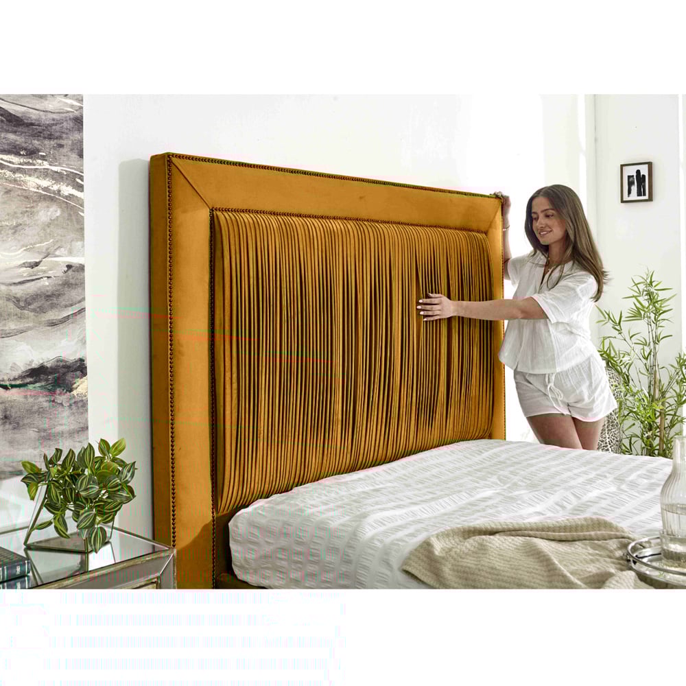 Eleganza Alexandra Super King Size Mustard Plush Velvet Bed Frame with Pleated Headboard Image 2