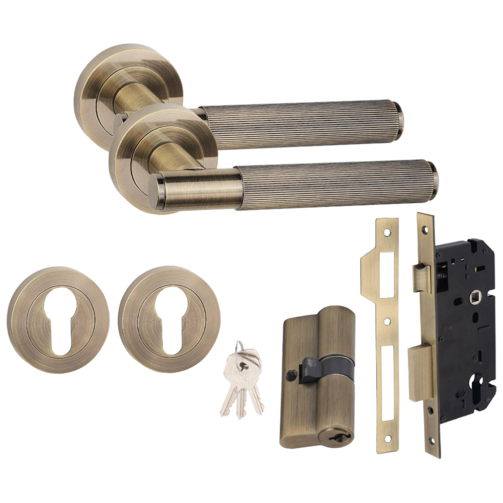Golden Grace Antique Brass Straight T-Bar Linear Euro Lock Door Handle Set 70mm Image 1