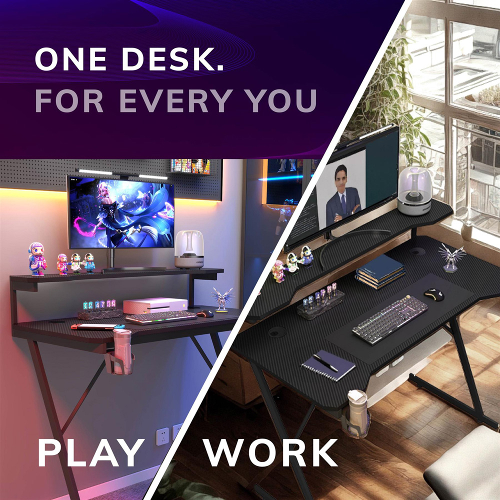 House of Home Carbon Fibre Top Gaming Desk with Monitor Stand Black Image 5