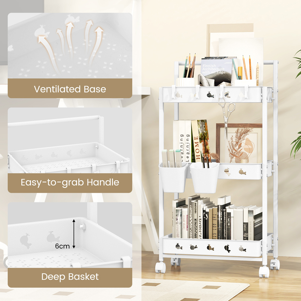 Costway 3 Shelf White Rolling Storage Cart with Hanging Cups and Hooks Image 8