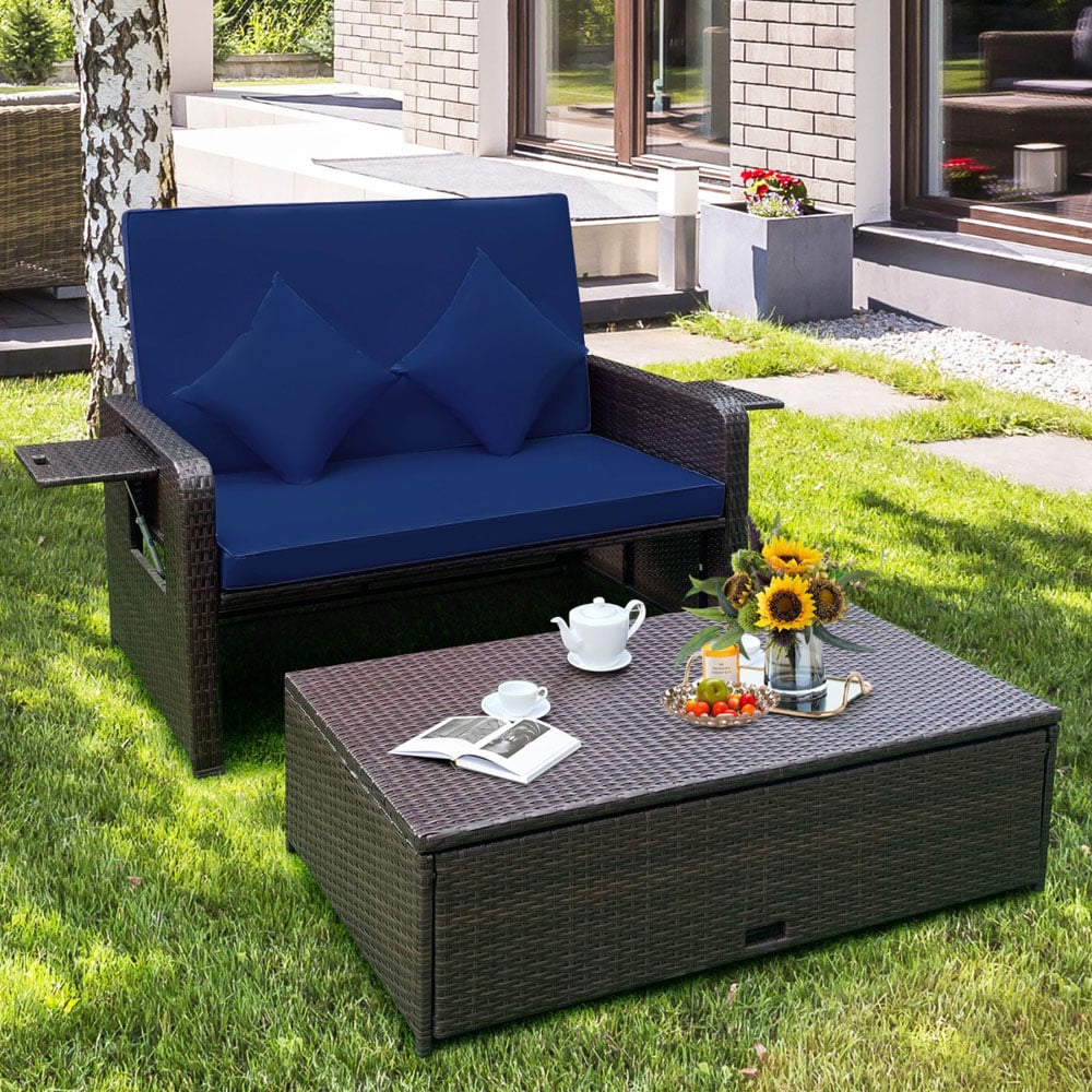Costway 2 Seater Ratan Wicker Blue Loveseat Sofa with Ottoman and Side Tray Image 4