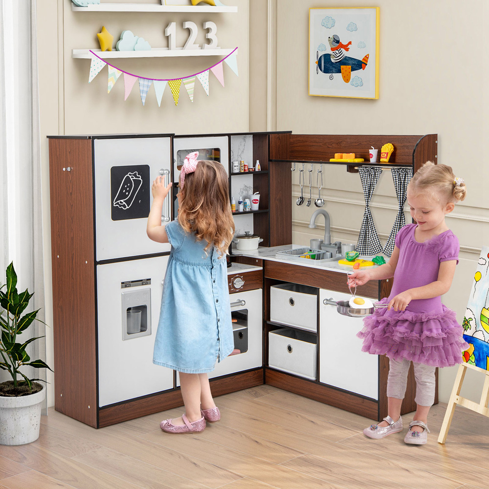 Costway Kids Brown Wooden Corner Kitchen Play Set with Lighted Range Hood Image 4