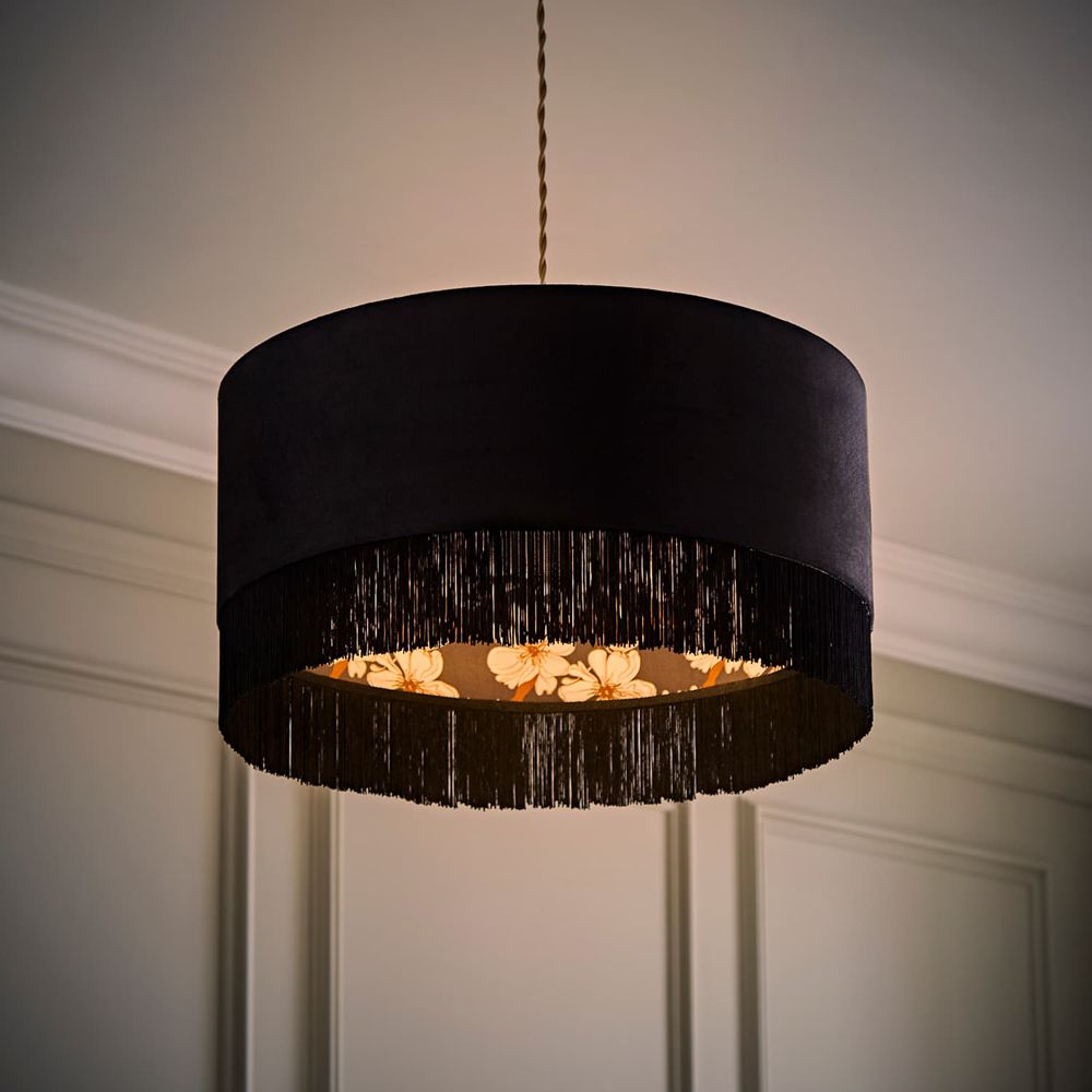 ValueLights Kimberly Black Velvet Printed Inner Fringe Easy Fit Ceiling Lamp Shade 50cm Image 2