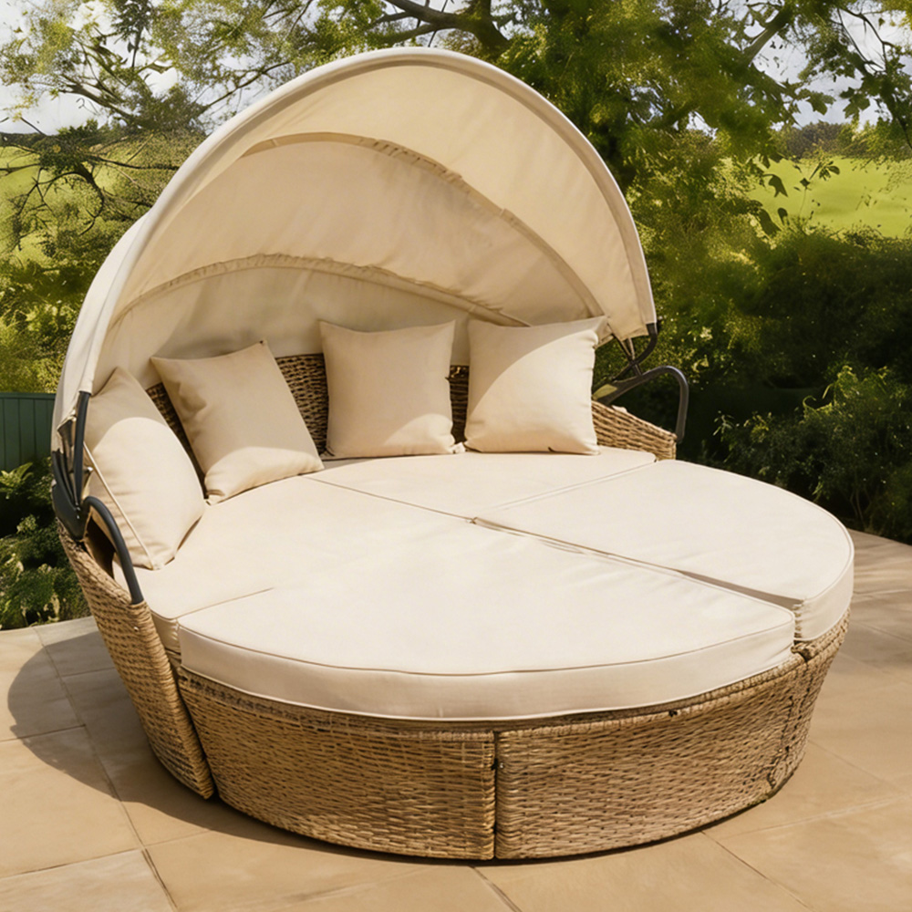 Home Source Amara Cream Rattan Upholstered Day Bed with Sunshade Image 1