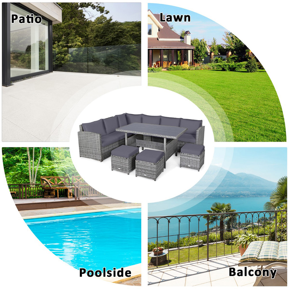 Costway 10 Seater Grey Rattan Patio Lounge Set with Back and Seat Cushions Image 8