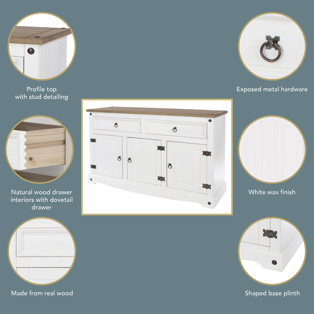 Corona 3 Door 2 Drawer White Washed Wax Finish Medium Sideboard Image 7