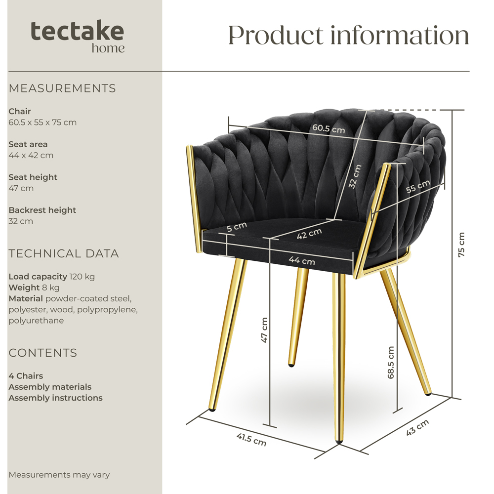 tectake Astano Set of 4 Black and Gold Velvet Padded Knot Design Dining Chair Image 9