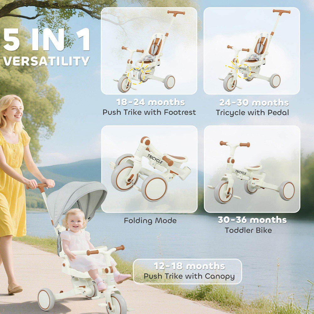 Tommy Toys 5-in-1 Toddler Cream White 5 Point Harness Foldable Trike with Parent Handle Image 4