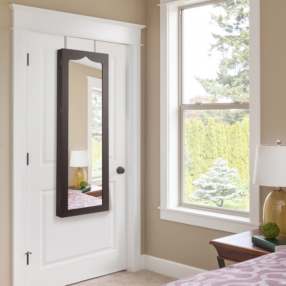 Costway Rustic Brown Mirror Wall Mounted Jewellery Armoire with LED