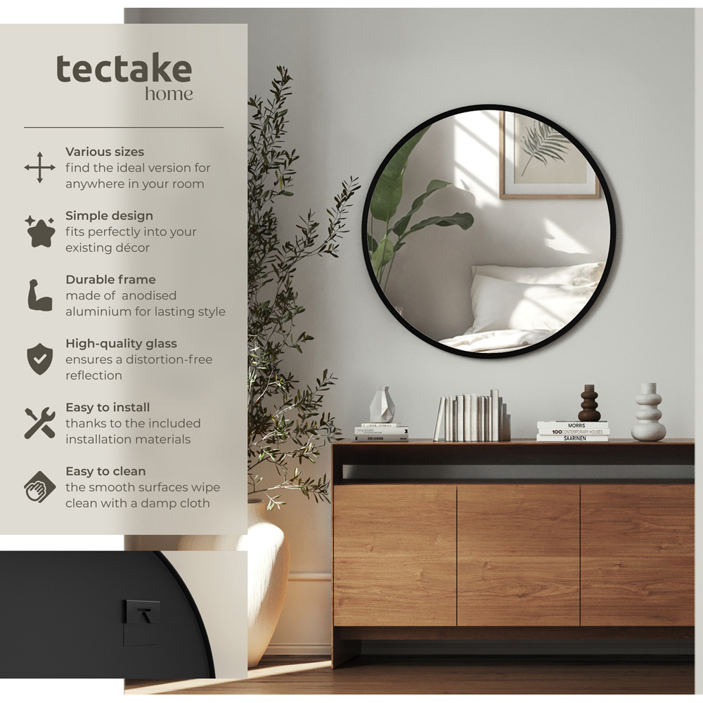 tectake Fiona Black Aluminium Frame Round Wall Mounted Mirror 80cm Image 7