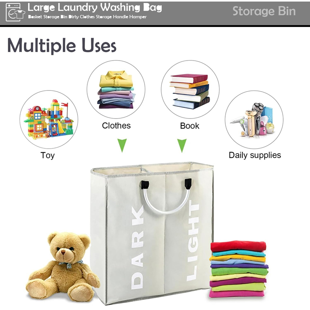 ATEK Double Compartment Light Grey Collapsible Laundry Basket Image 6