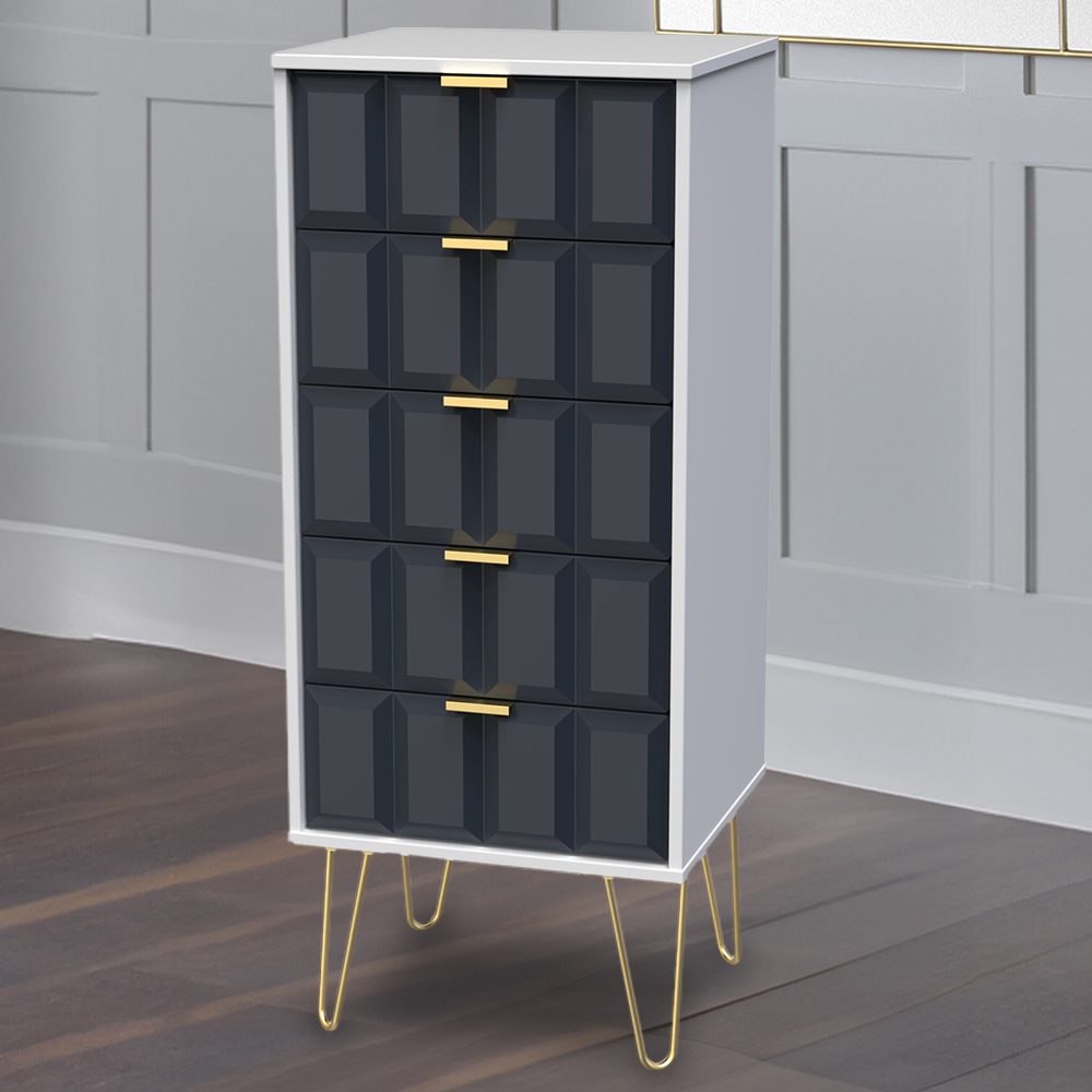Crowndale Cube 5 Drawer Matt Indigo and White Narrow Chest of Drawers Ready Assembled Image 1