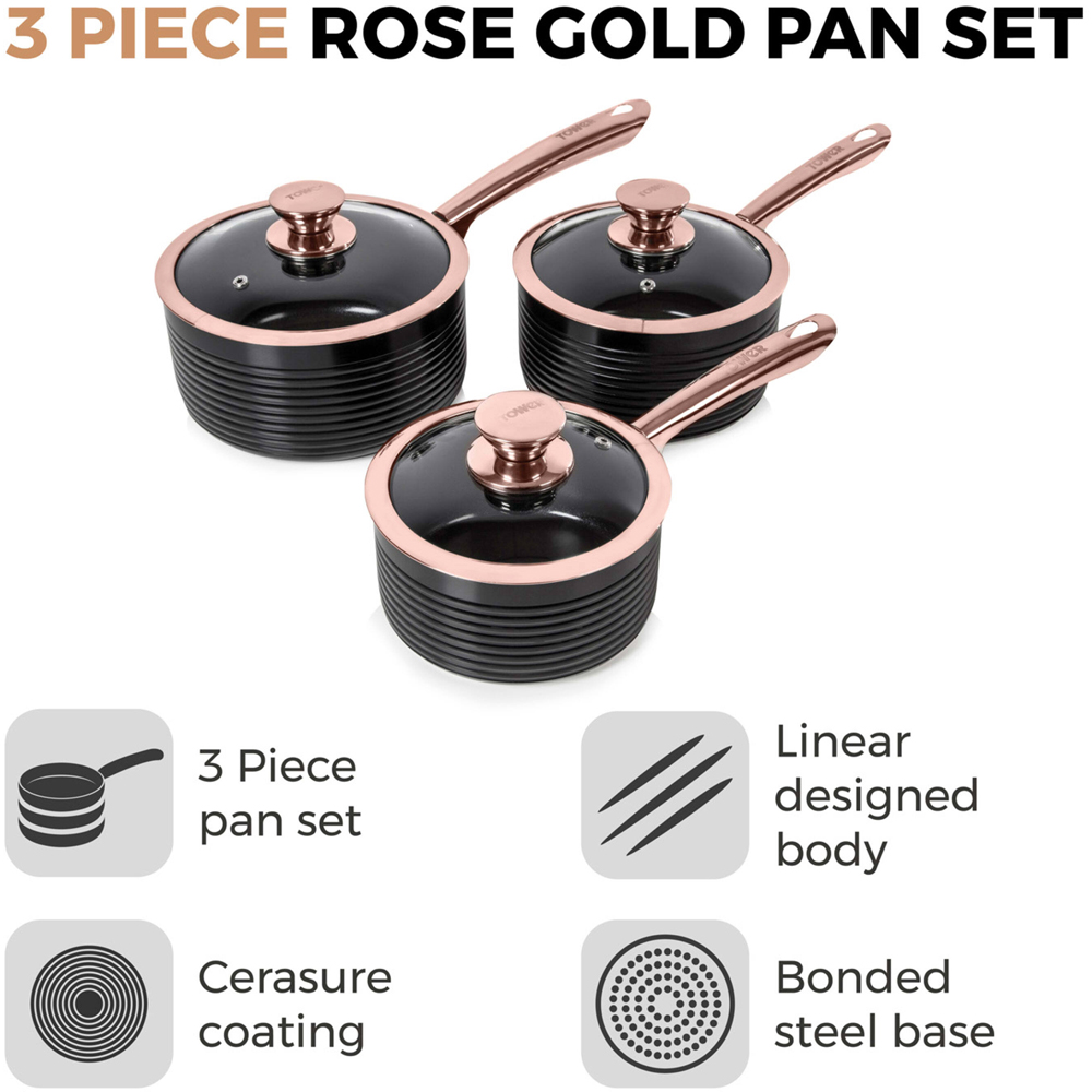 Tower Linear 3 Piece Black and Rose Gold Aluminium Non-Stick Saucepan Set Image 2