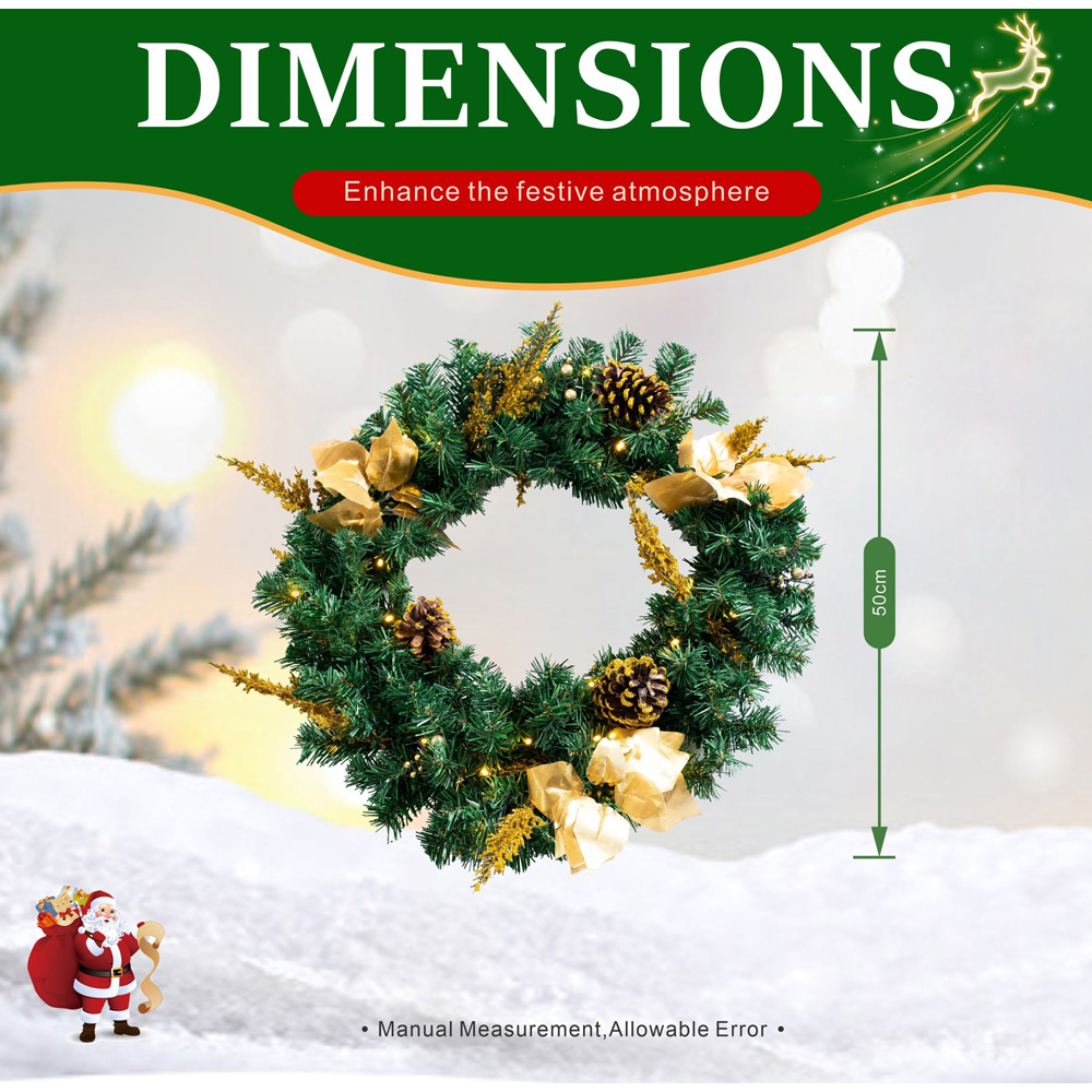 Abrihome 35 Warm White LED Artificial Christmas Wreath with Pinecones Berries and Branches 50cm Image 9