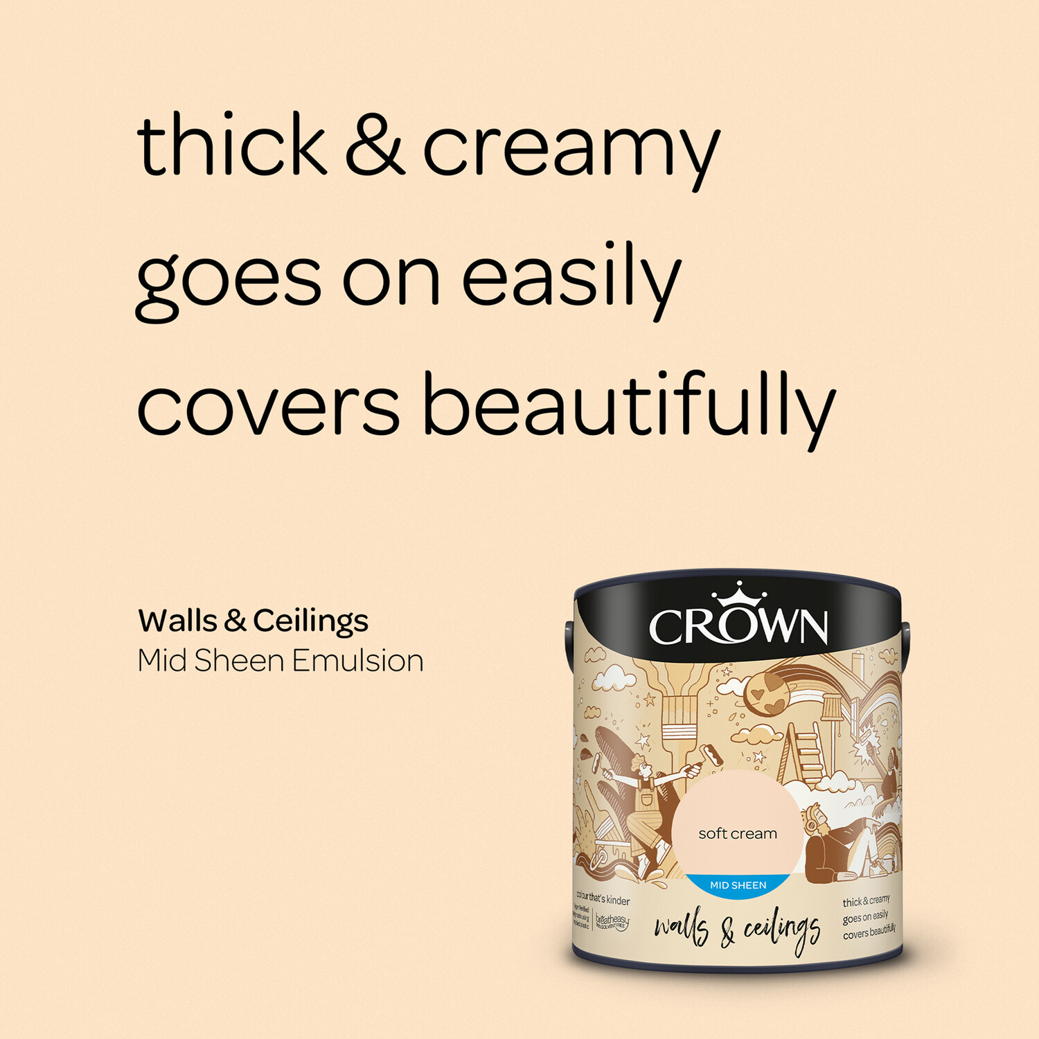 Crown Walls & Ceilings Soft Cream Mid Sheen Emulsion Paint 2.5L Image 8