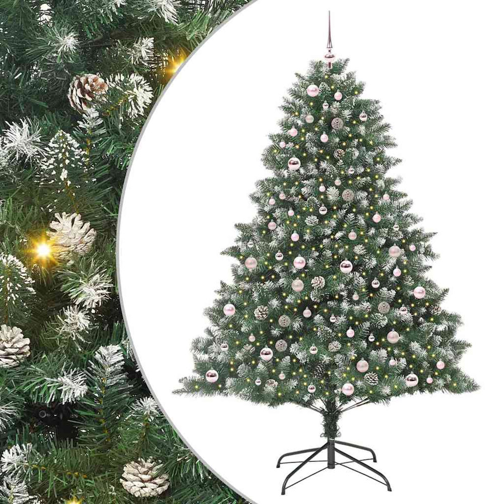 vidaXL Pre-Lit Pink Baubles Green Artificial Snow Tipped Christmas Tree 7ft Image 2