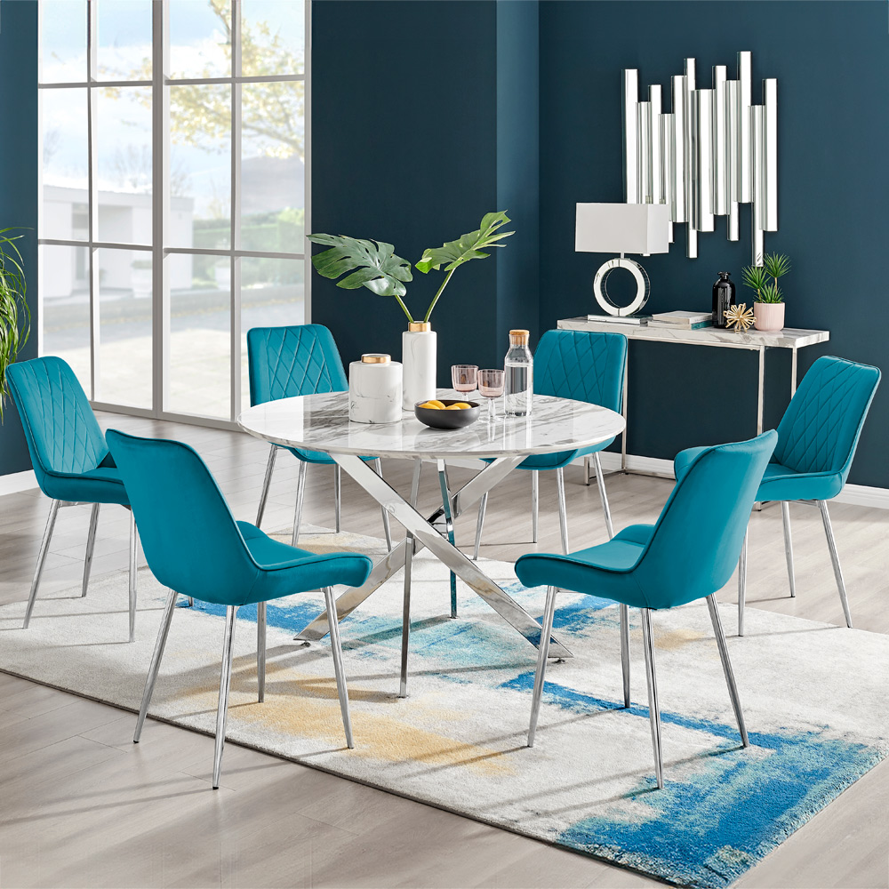 Furniturebox Arona Cesano Marble Effect 6 Seater Dining Set White Chrome and Blue Image 1