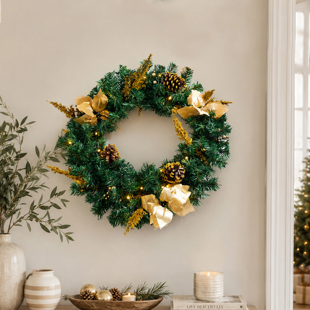 Abrihome 35 Warm White LED Artificial Christmas Wreath with Pinecones Berries and Branches 50cm Image 3