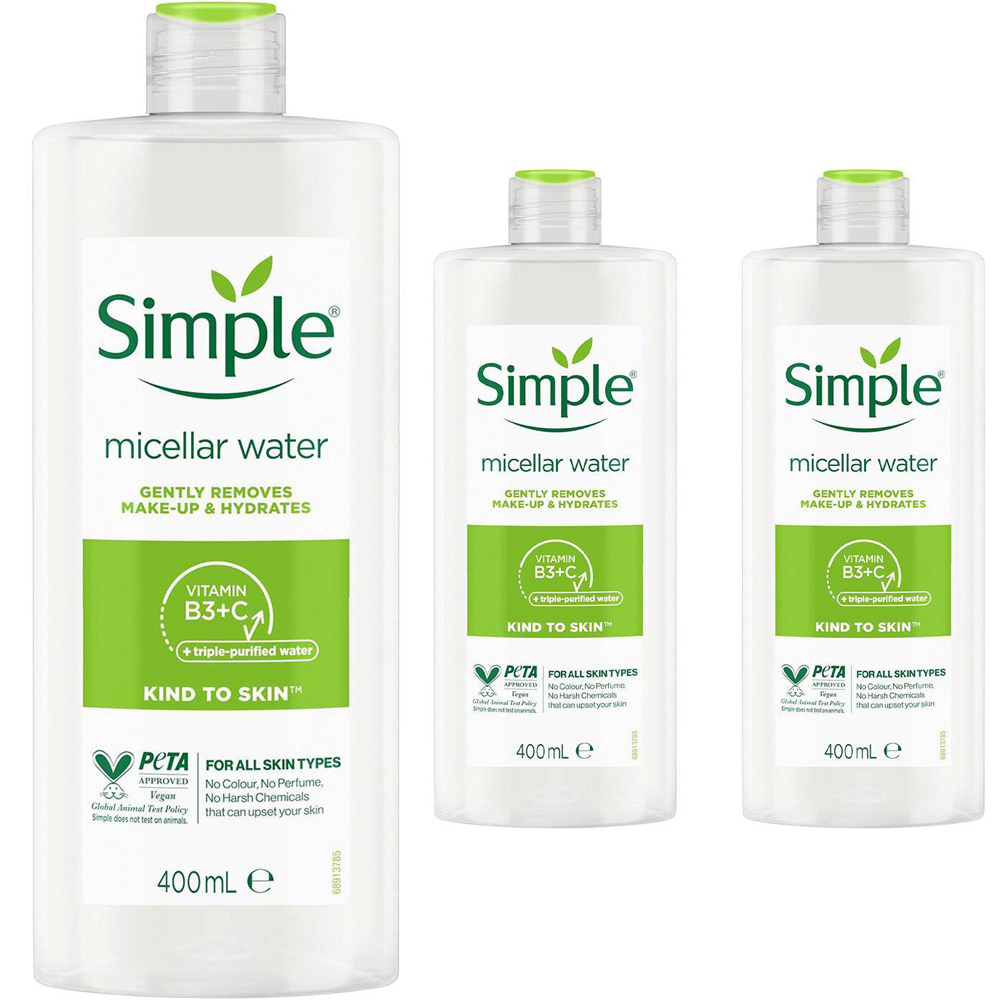 Simple Kind to Skin Make Up Remover Micellar Cleansing Water Bottle 400ml 3 Pack Image 1