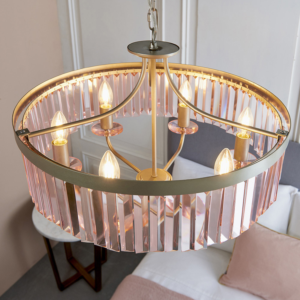 Merano Ascoli Champagne and Rose Pink Glass 6 Light Pendant Ceiling Light Image 4