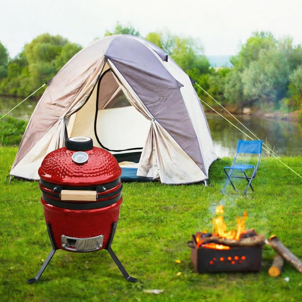 Alivio Kamado Red Portable Ceramic 13 inch Mini BBQ Grill Smoker Egg with Stand Image 2