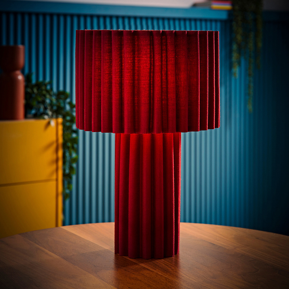 ValueLights Lenny Burgundy Wine Drum Lamp Shade Ribbed Full Fabric LED Table Lamp Image 2