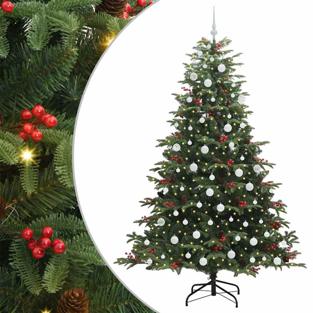 vidaXL Pre-Lit Warm White LED and White Baubles Green Artificial Christmas Tree with Stand 7ft Image 7