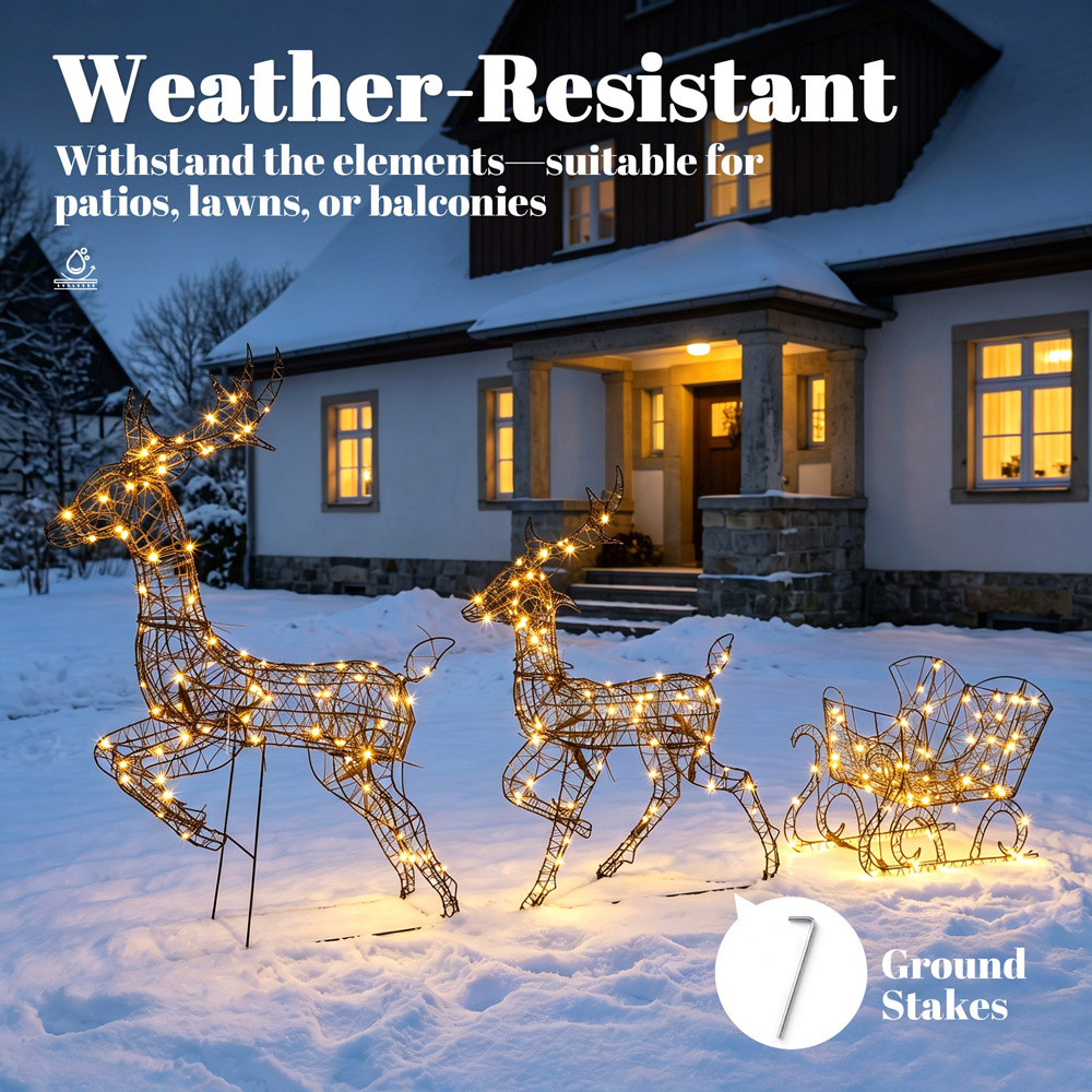 Outsunny 240 Warm White LED 3-Piece Reindeer and Sleigh Set Outdoor Christmas Decoration Image 7