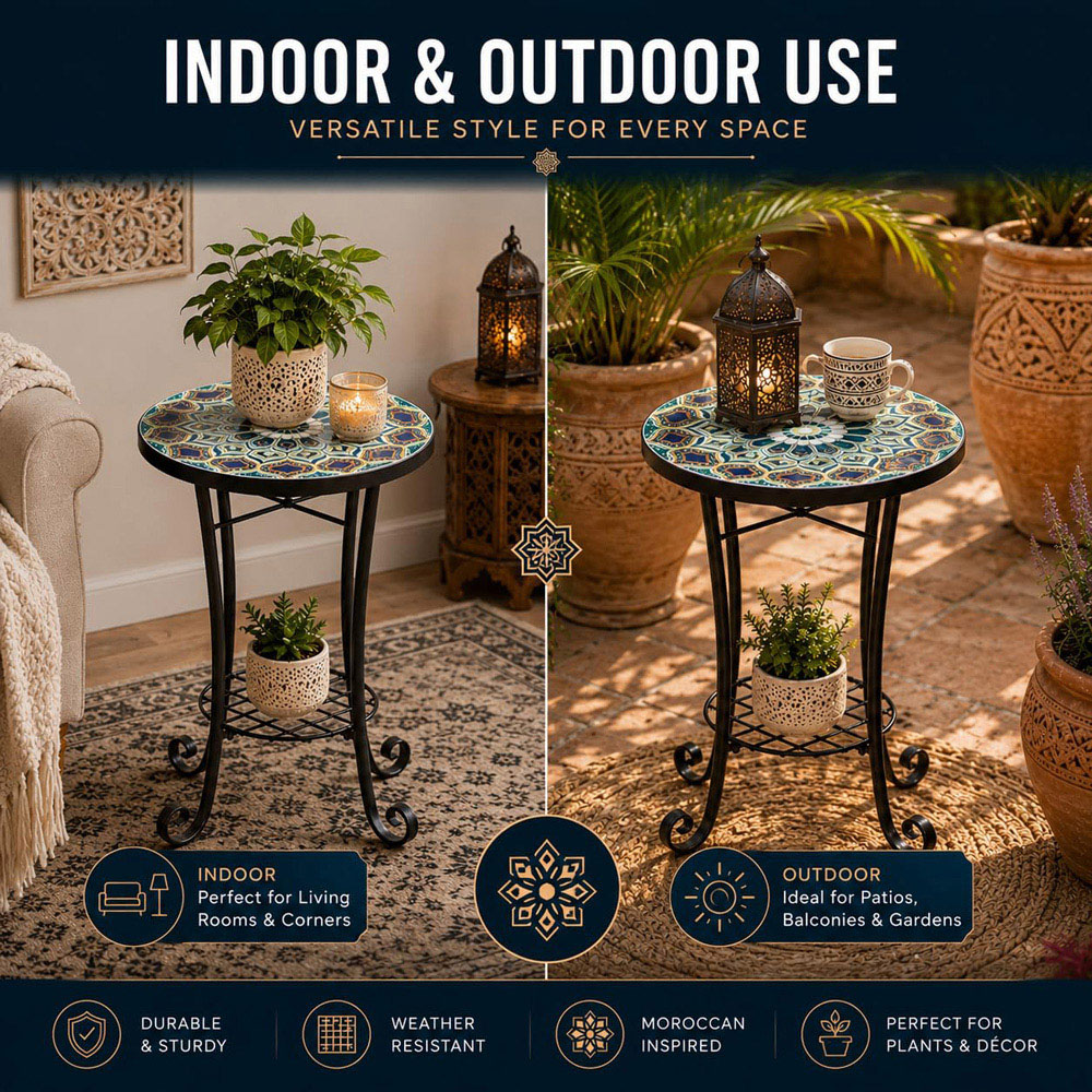 Shatchi Casablanca 2-in-1 Single Shelf Mosaic Ceramic Tile Top Plant Stand Side Table Image 5
