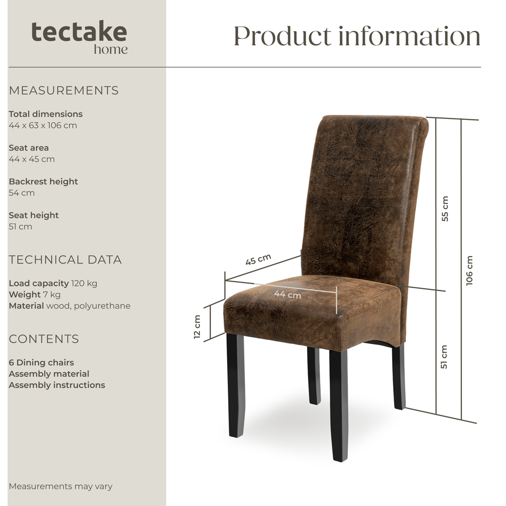 tectake Set of 6 Antique Brown Faux Leather High Backrest Dining Chair Image 9