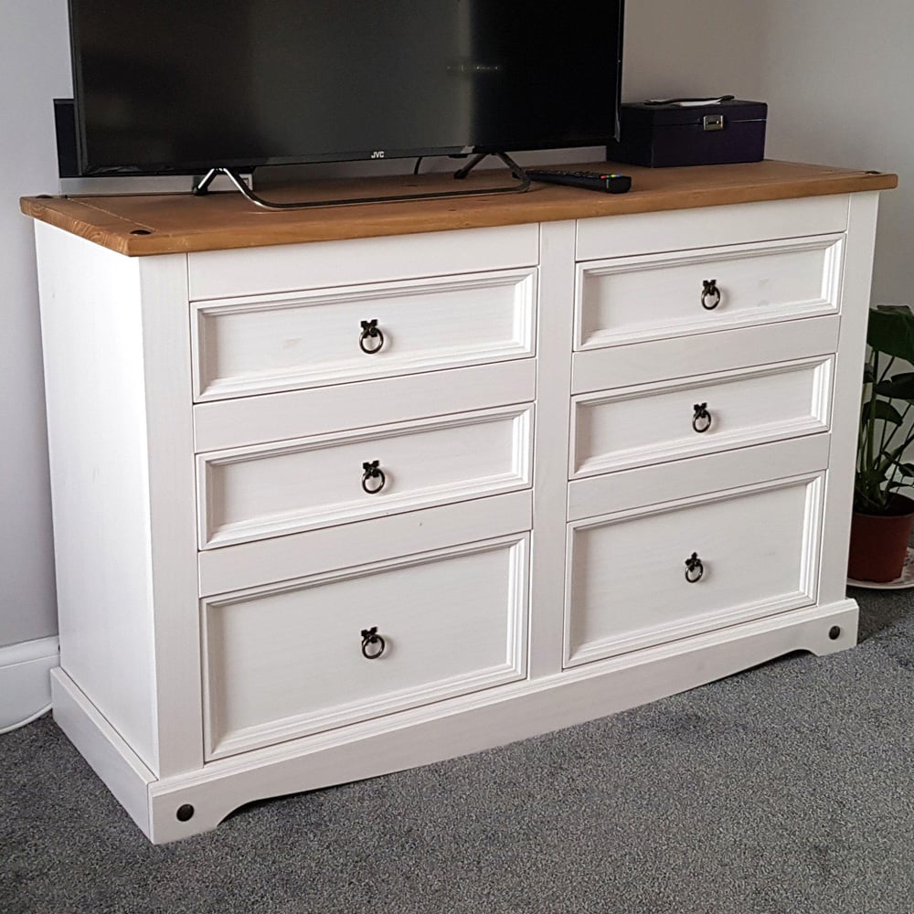 Corona 6 Drawer White Washed Wax Wide Chest of Drawers Image 1