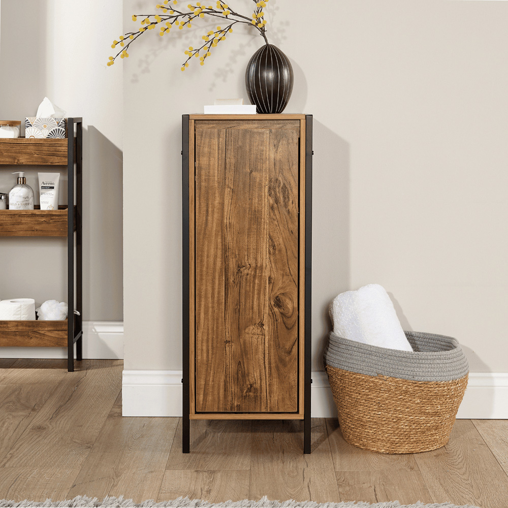 Home Source Locastra Single Door Oak and Black Bathroom Floor Cabinet Image 8
