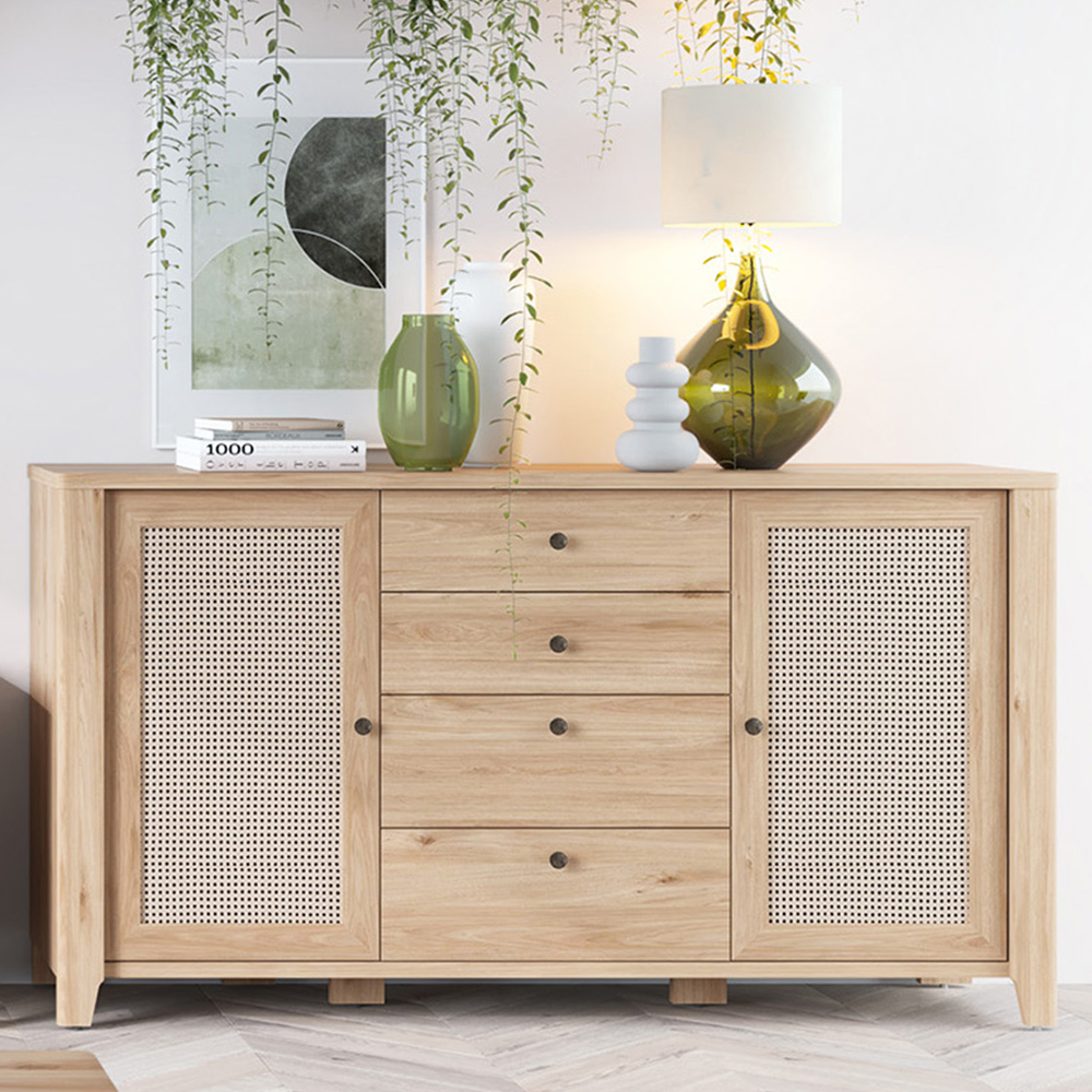 Florence Cestino 2 Door 4 Drawer Oak and Rattan Effect Sideboard Image 1
