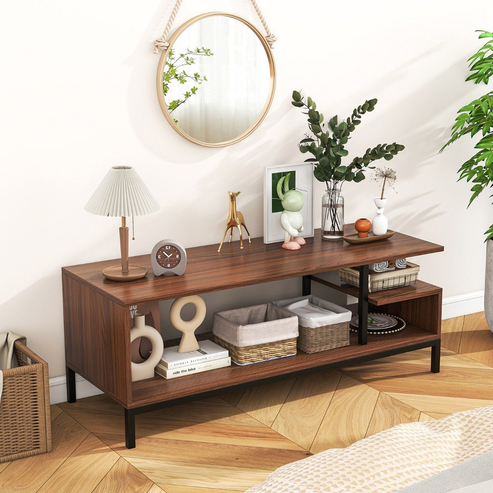 Costway 2 Shelves Walnut Industrial TV Unit Image 4