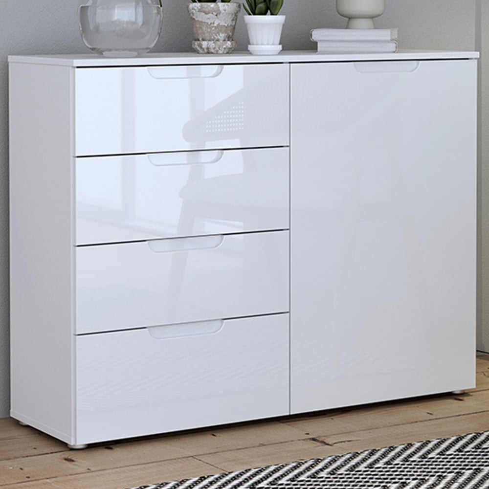 Florence Sienna Single Door 4 Drawer White High Gloss Cabinet Image 1