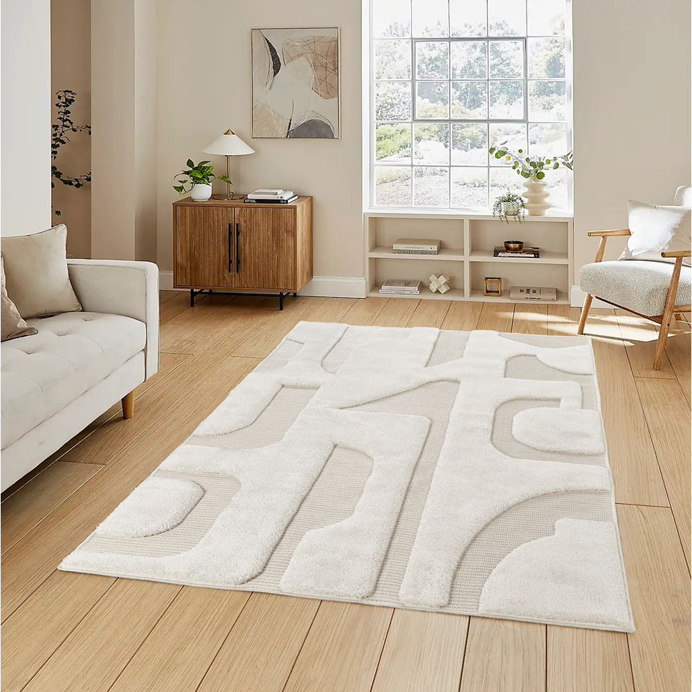 Freya Living Room Area Rug Contemporary 3D Embossed Modern Boho Design - Cream 200cm x 290cm Image 2