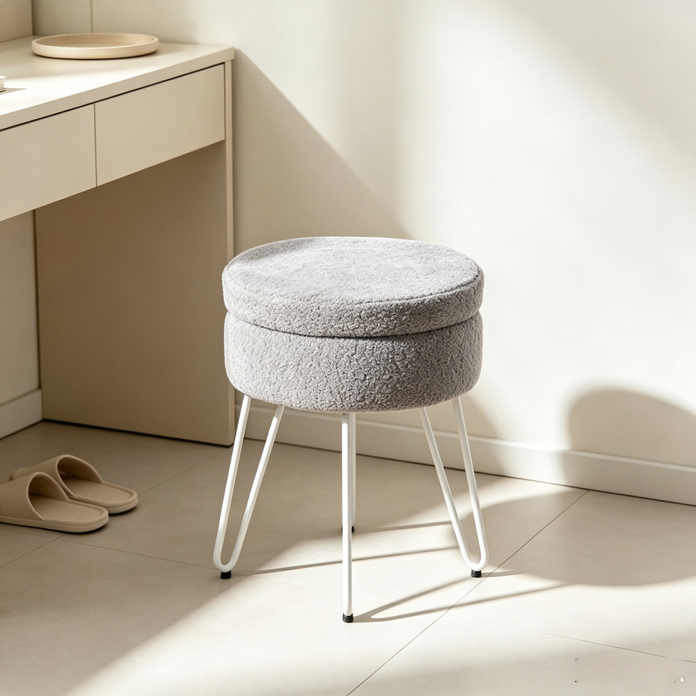 Living and Home Grey and White Teddy Fleece Hidden Storage Stool Image 7