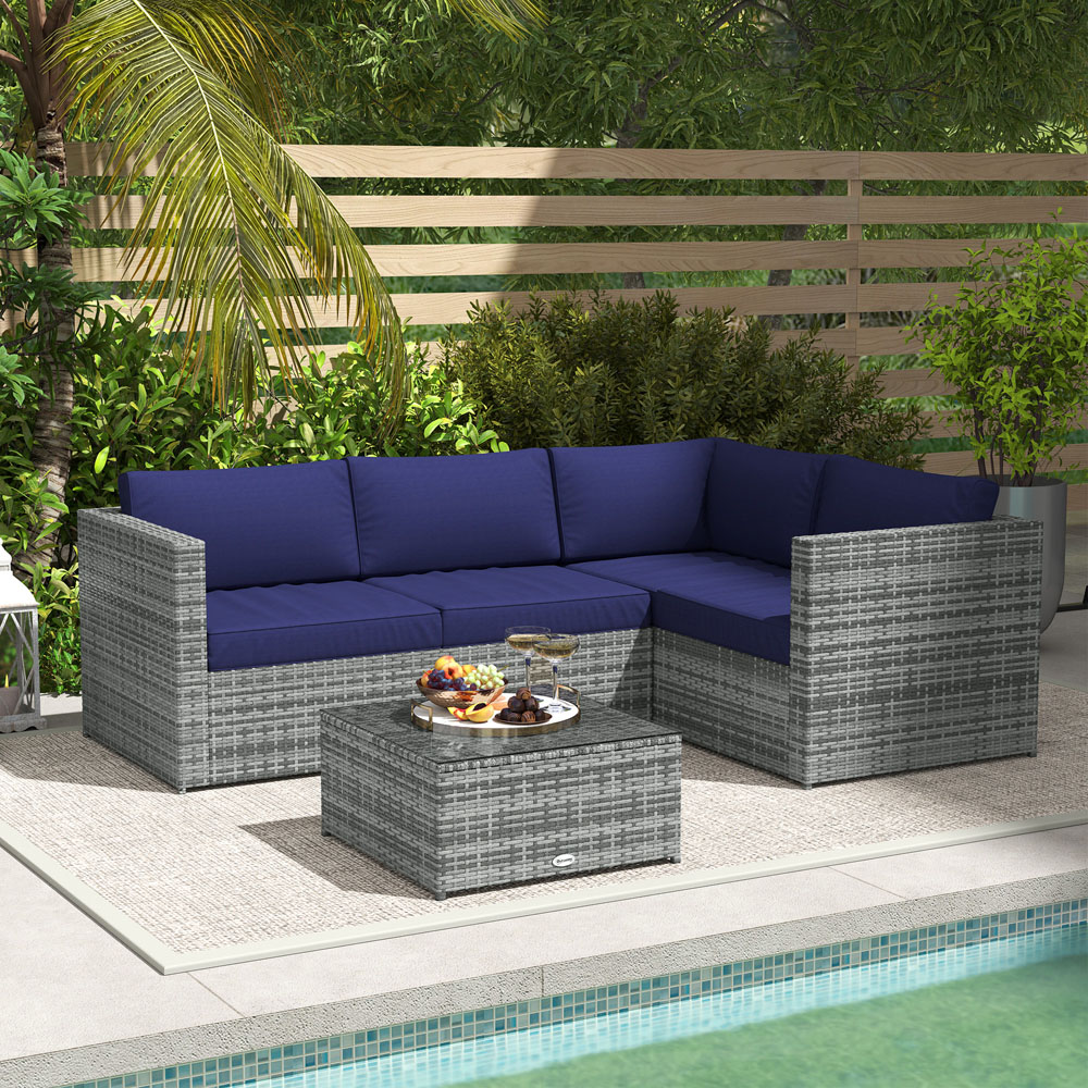Outsunny 4 Seater Grey and Blue Rattan Corner Sofa Set Image 5
