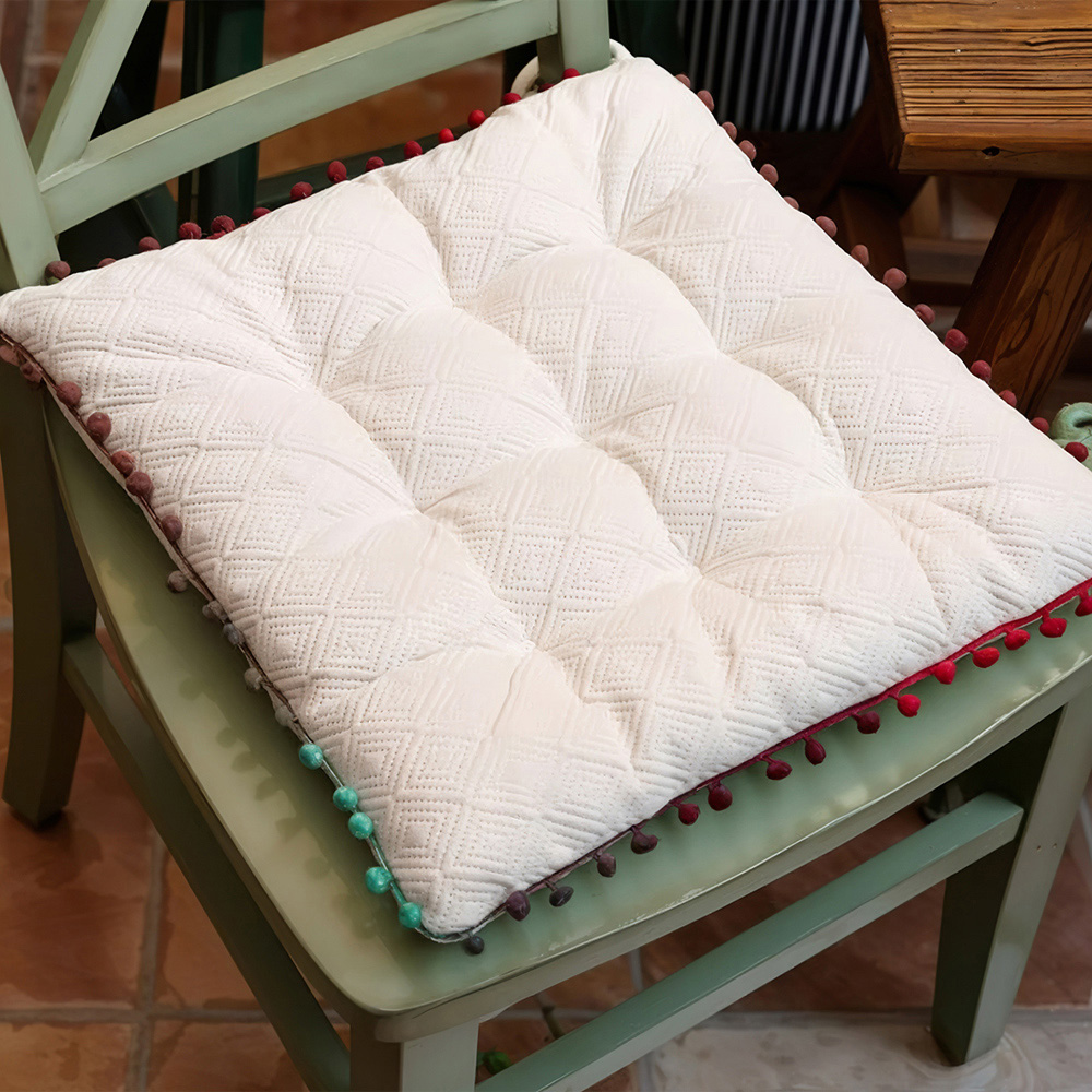 Living and Home White Square Dining Chair Cushion with Pom Poms 40 x 40cm Image 7