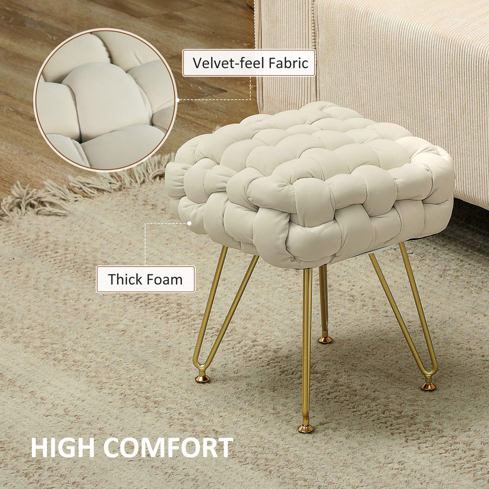 HOMCOM Cream White Woven Velvet Footstool with Metal Legs Image 7