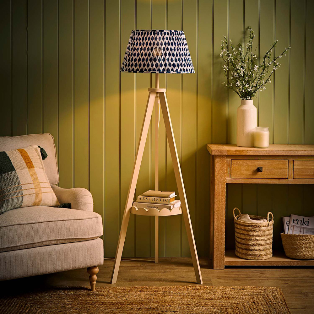 ValueLights Morrigan Blue Ikat Pleated Shade Cream Scallop Tripod LED Floor Lamp with Bulb Image 2