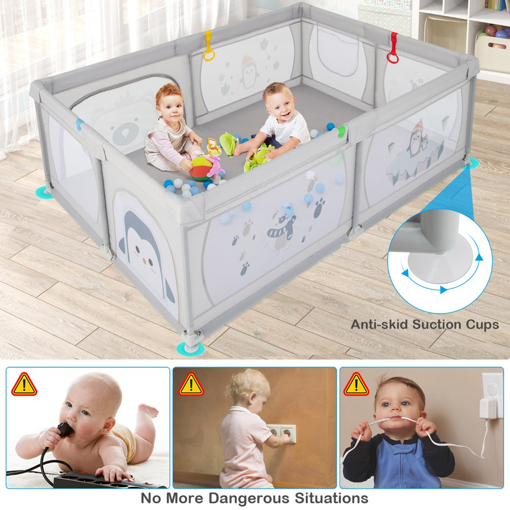 Costway Grey Bear and Penguin Baby Playpen with 50 Ocean Balls Image 8