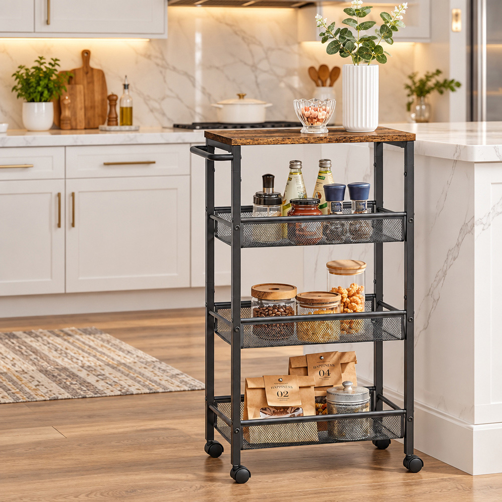 Modcraft 4 Shelf Black and Rustic Brown Slim Rolling Trolley Image 5