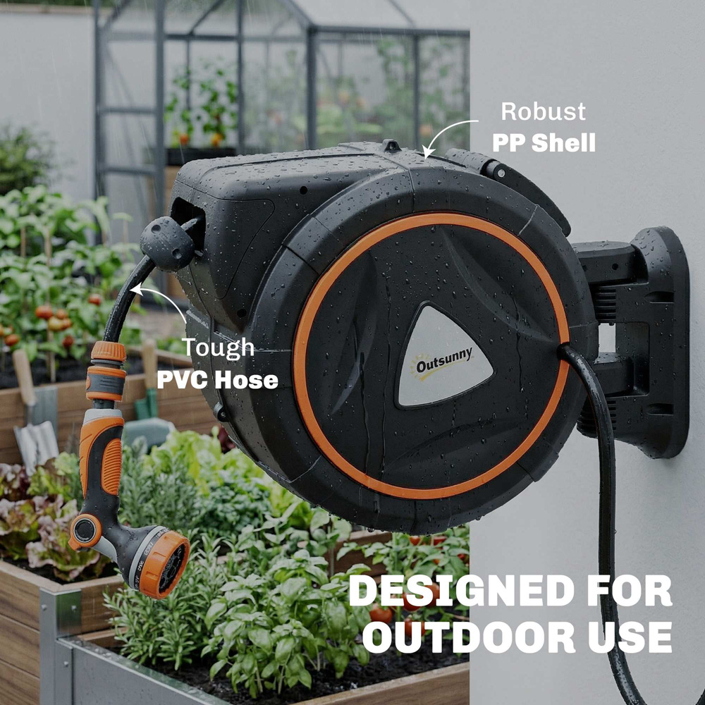 Outsunny 28m Black and Orange Wall-Mounted Retractable Hose Reel with Auto Retraction Image 3
